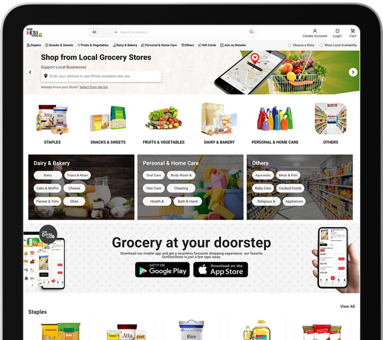 The Our Desi Store grocery marketplace shown on a tablet